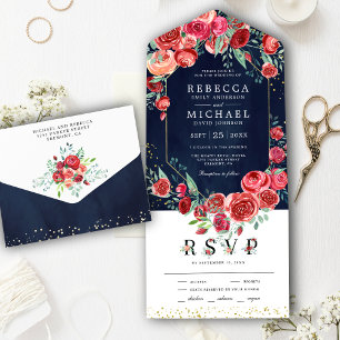 Invitation Tout En Un Roses Rouges Modernes Fleurs Mariage Bleu Marine