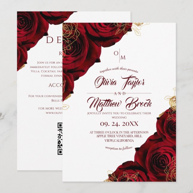 Invitation Tout en Un Roses Rouges Or Classiques Mariage (Devant / Derrière)