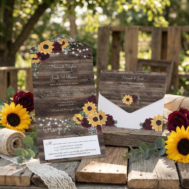 Invitation Tout En Un Roses Tournesol Rustiques Code QR Mariage (Créateur téléchargé)