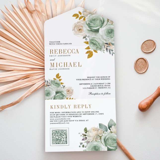 Invitation Tout En Un Roses Vert Sauge Code QR Floral Mariage (Créateur téléchargé)