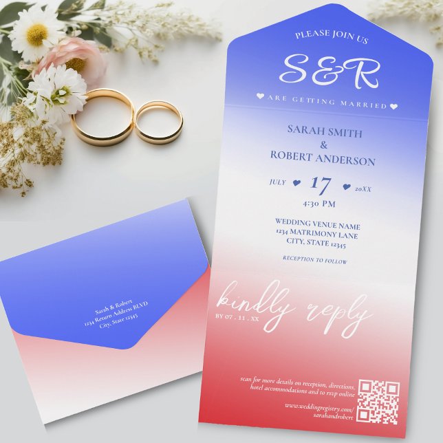 Invitation Tout En Un Rouge blanc et bleu Ombre QR Code Mariage (Red White & Blue Ombre QR Code Wedding All In One Invitation)