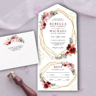 Invitation Tout En Un Rouge Bourgogne Blush Rose Floral Géométrique Mari
