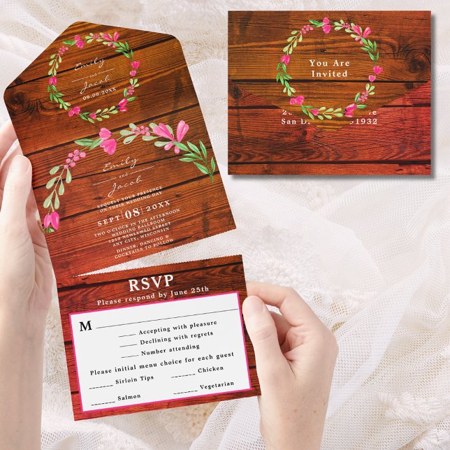 Invitation Tout En Un Rouge Brun Bois Rustique Rose Floral Campagne RSVP (Red Brown Rustic Wood Pink Floral Country Wed RSVP All In One Invitation)