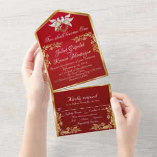 Invitation Tout En Un Rouge Crimson, Feuilles d'or, Doves & Coeur