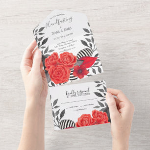 Invitation Tout En Un Rouge et noir Gothique Floral Handfasting