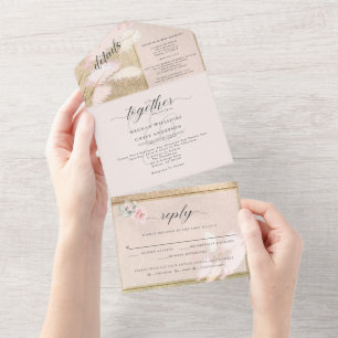 Invitation Tout En Un Rouge et Or Herbe de la Pampa pour un Mariage