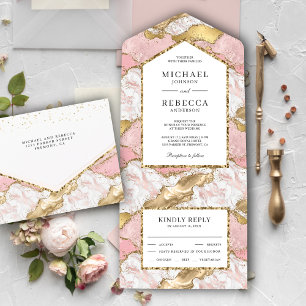 Invitation Tout En Un Rouge Fard Rose Or Paillettes Agate Marbre Mariage