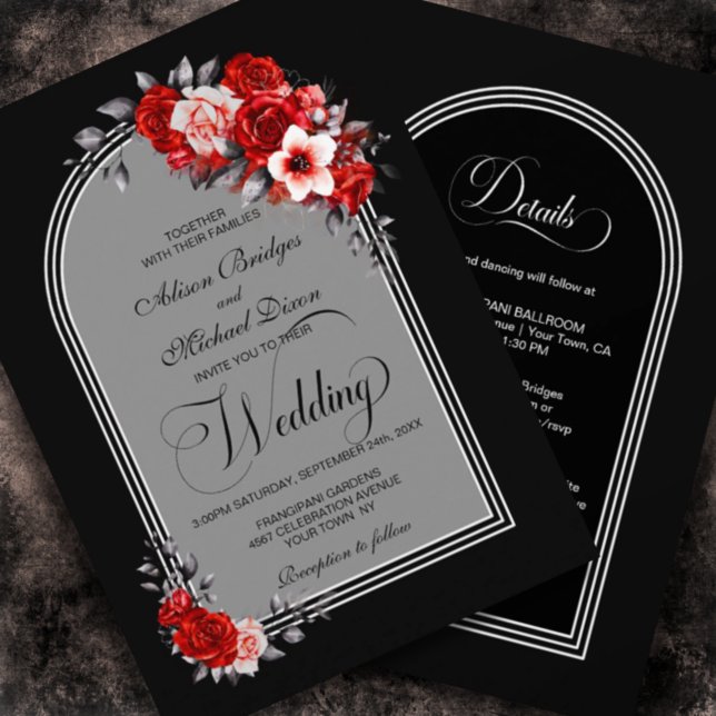Invitation Tout en un Rouge Floral Arc Noir Argent Mariage (Créateur téléchargé)