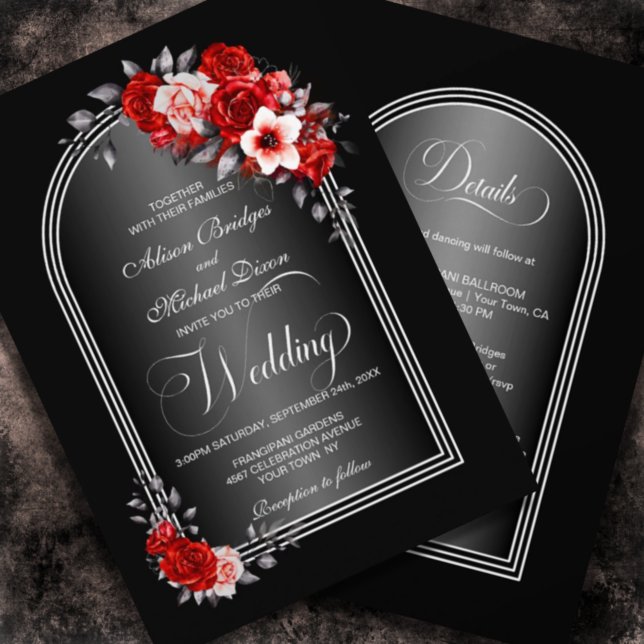 Invitation Tout en un Rouge Floral Arc Noir Gris Mariage (Créateur téléchargé)