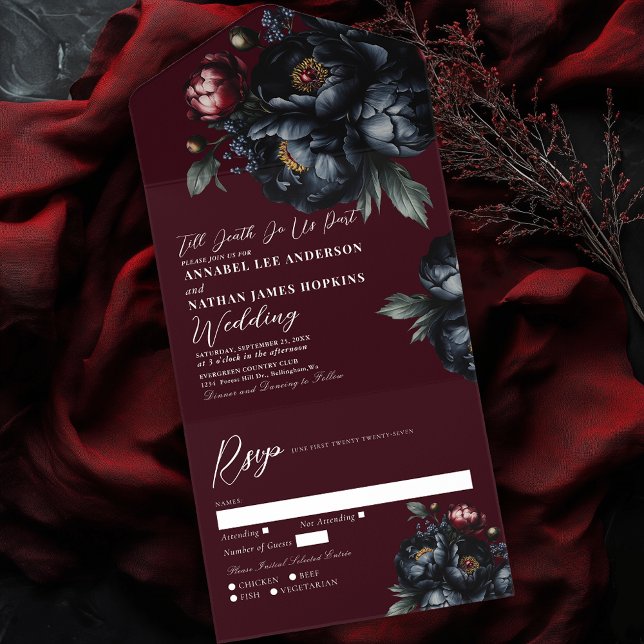 Invitation Tout En Un Rouge foncé Moody Romantique noir pivoine Mariage  (Créateur téléchargé)