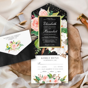 Invitation Tout En Un Rouge Foncé Rose Blanc Magnolia Floral Noir Mariag