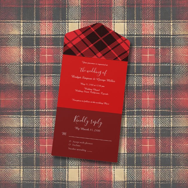 Invitation Tout En Un rouge noir écossais celtique tartan mariage motif (Créateur téléchargé)