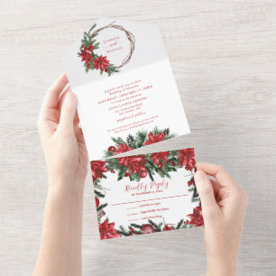 Invitation Tout En Un Rouge Poinsettia Pine Verdure Mariage d'hiver