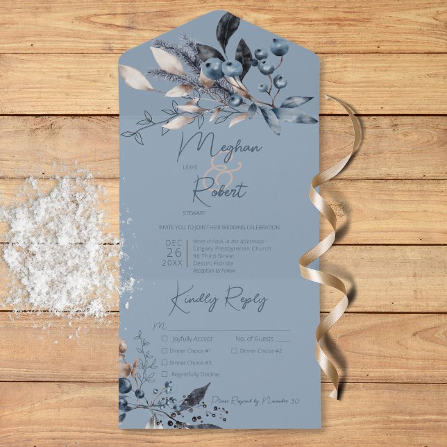 Invitation Tout En Un Rouge Rustique Bleu hiver Folio Bleu Trois Dîners (Rustic Blue Winter Foliage Blue Three Dinner All In One Invitation)