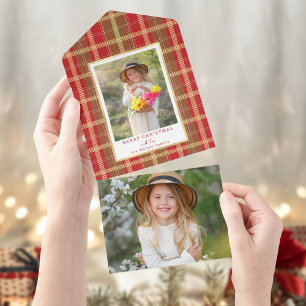 Invitation Tout En Un Rouge rustique chaud & Gold Plaid Photo