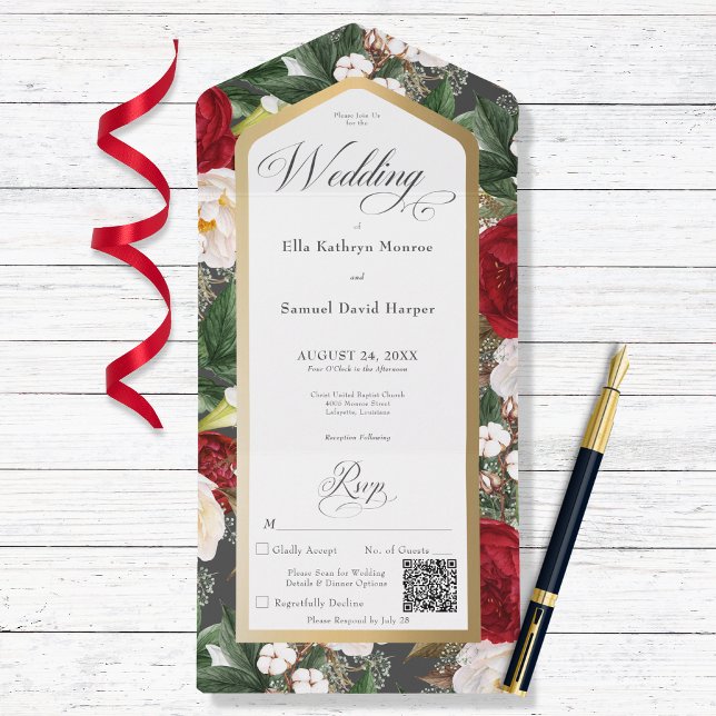 Invitation Tout En Un Rouge rustique et blanc Floral Gold Frame QR Code (Créateur téléchargé)