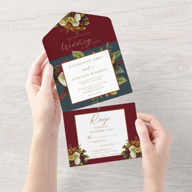 Invitation Tout En Un Rouge rustique | Orange Floral Bouquet Mariage Tur (Déchirure)