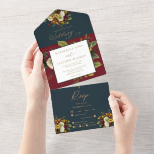 Invitation Tout En Un Rouge rustique Orange Floral Bouquet Mariage Tur