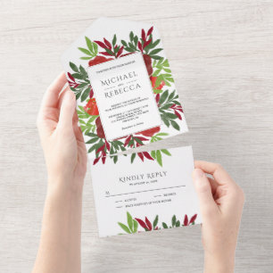 Invitation Tout En Un Rouge Vert Aquarelle Floral Feuilles Jardin Mariag