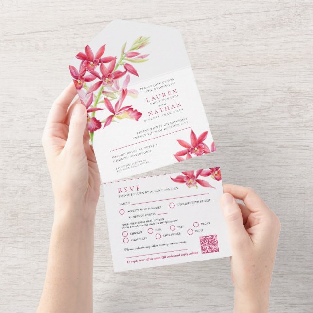 Invitation Tout En Un Rouleau d'orchidée à bijou rouge mariage RSVP QR (Déchirure)