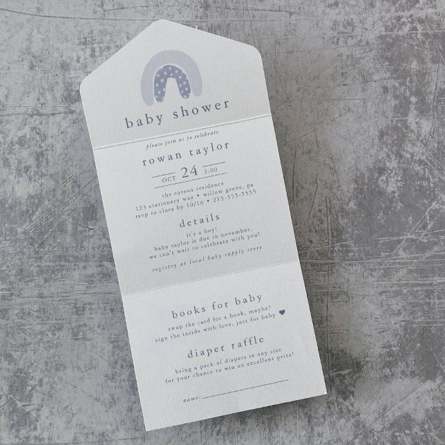 Invitation Tout En Un ROWAN Boy Boho Rainbow Diaper Baby shower de caraf (ROWAN Boy Boho Rainbow Diaper Raffle Baby Shower All In One Invitation)