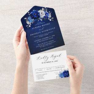 Invitation Tout En Un Royal Bleu Blanc Argent Métallique Mariage Floral 