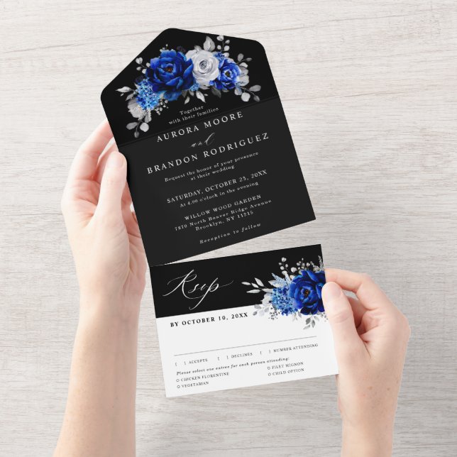 Invitation Tout En Un Royal Bleu Blanc Argent Métallique Mariage Floral  (Déchirure)