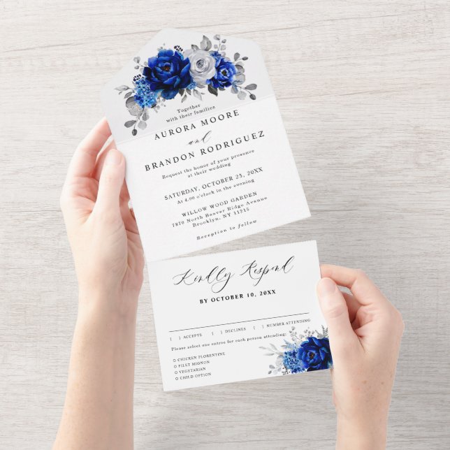 Invitation Tout En Un Royal Bleu Blanc Argent Métallo Mariage Floral (Déchirure)