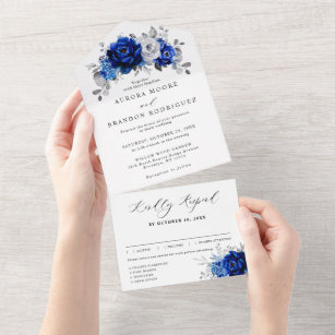 Invitation Tout En Un Royal Bleu Blanc Argent Métallo Mariage Floral