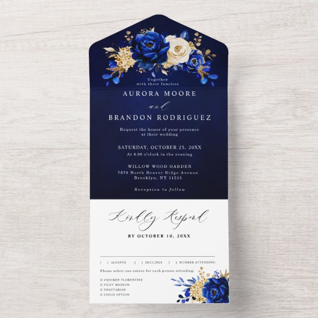 Invitation Tout En Un Royal Bleu Jaune Or Mariage métallique Floral (À l'intérieur)