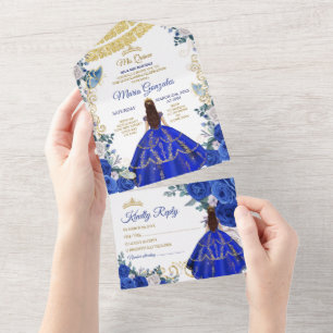 Invitation Tout En Un Royal Blue 16e anniversaire Quinceañera Gold Crown