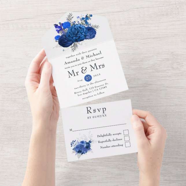 Invitation Tout En Un Royal Blue et Silver Floral Mariage (Déchirure)