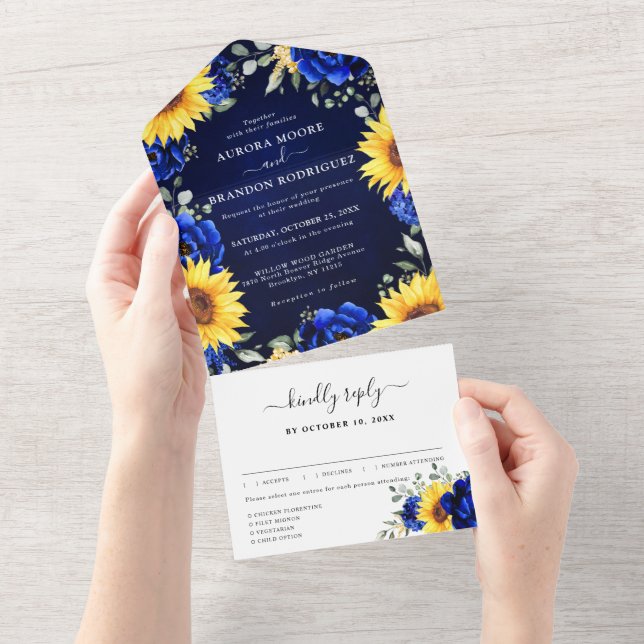 Invitation Tout En Un Royal Blue Rustic Tournesol Moderne Floral Mariage (Déchirure)