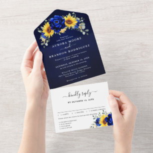 Invitation Tout En Un Royal Blue Rustic Tournesol Moderne Floral Mariage