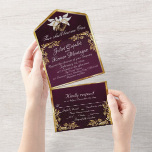 Invitation Tout En Un Royal Purple, Feuilles d'or, Doves & Coeur