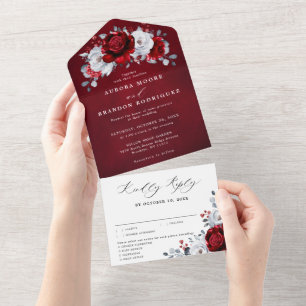 Invitation Tout En Un Royal Rouge Blanc argent métal Mariage floral