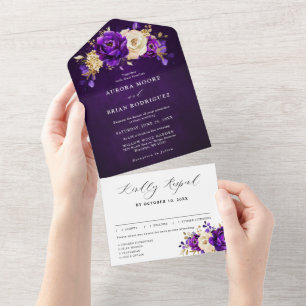 Invitation Tout En Un Royal violet violet or Floral Mariage botanique