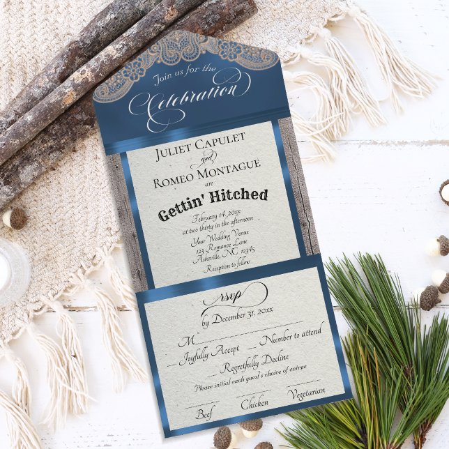 Invitation Tout En Un Ruban et dentelle Gettin 'Hitched - Bleu (Créateur téléchargé)