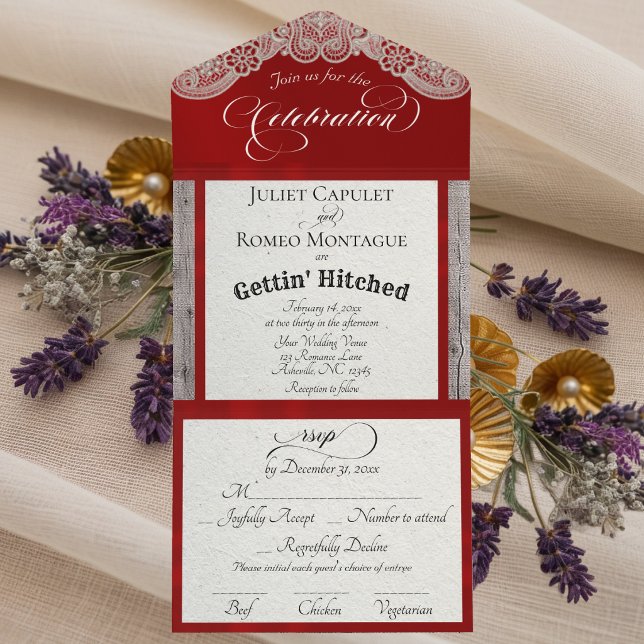Invitation Tout En Un Ruban et dentelle Gettin 'Hitched - Rouge (Créateur téléchargé)