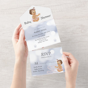 Invitation Tout En Un Ruffles mignonne fille avec Baby shower perles