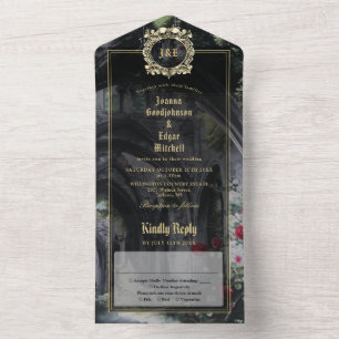 Invitation Tout En Un Ruines gothiques Roses Monogramme floral Mariage