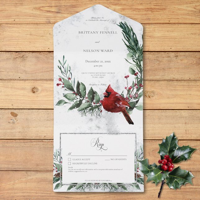 Invitation Tout En Un Ruisseau d'hiver rustique et détails du cardinal r (Rustic Winter Wreath & Red Cardinal Details All In One Invitation)