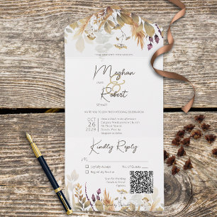 Invitation Tout En Un Russe Boho Automne Fleur sauvage Blanc QR Code