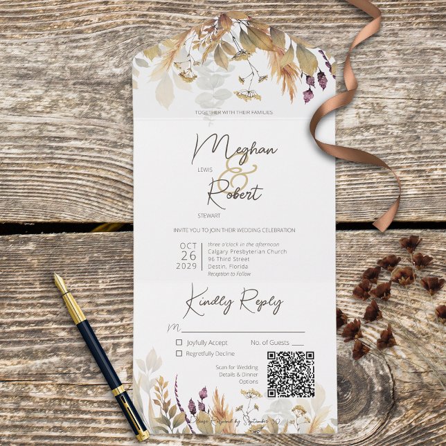 Invitation Tout En Un Russe Boho Automne Fleur sauvage Blanc QR Code (Créateur téléchargé)