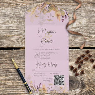Invitation Tout En Un Russe Boho Automne Fleur sauvage violet QR Code