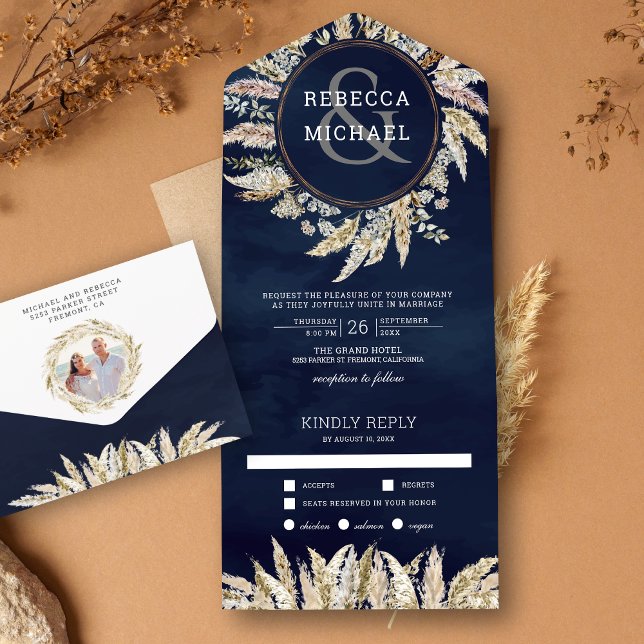 Invitation Tout En Un Russe Boho Pampas Grass Wreath Marine Mariage bleu (Créateur téléchargé)