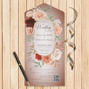 Invitation Tout En Un Russe Boho rouille & Pêche Floral Oval Rust QR Cod