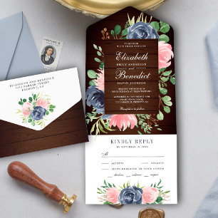 Invitation Tout En Un Russe Bois Blush Marine Rose Bleu Floral Mariage