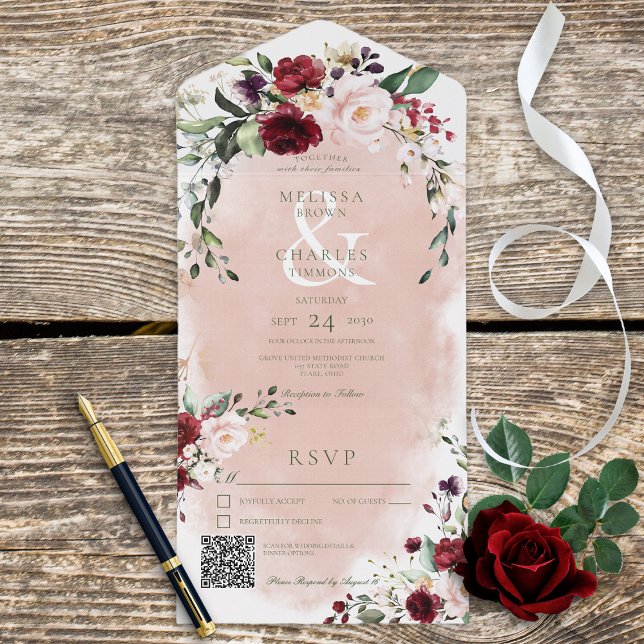 Invitation Tout En Un Russe Bourgogne & Roses Roses Roses Roses Roses Ro (Also available without a QR code; with or without dinner selection options.)