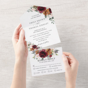 Invitation Tout En Un Russe Bourgogne rouille ivoire Mariage floral